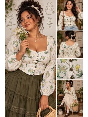 My Neighbor Totoro Inspired Floral Button-Up Blouse with Puff Sleeves